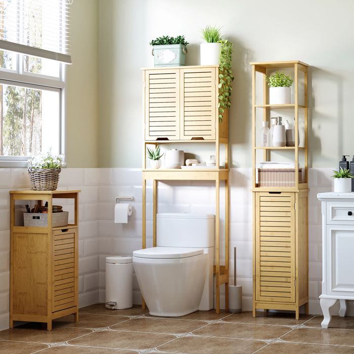 Étagère de salle de bain - Kleankin - bambou naturel - 2 portes et étagère ouverte - 60x23x173 cm