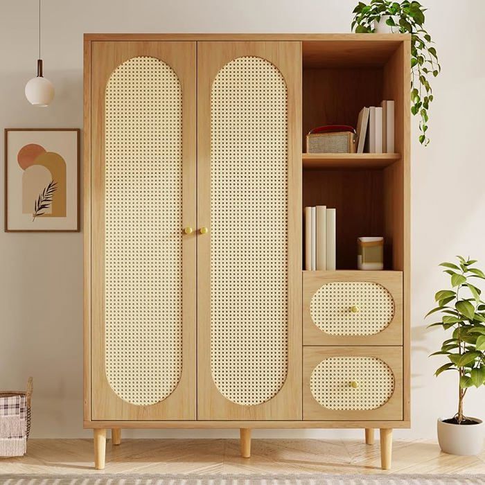 Armoire en rotin 2 portes 2 tiroirs étagères ouvertes tringle dressing rangement bohème pour salon ou couloir PORTANT AMOVIBLE