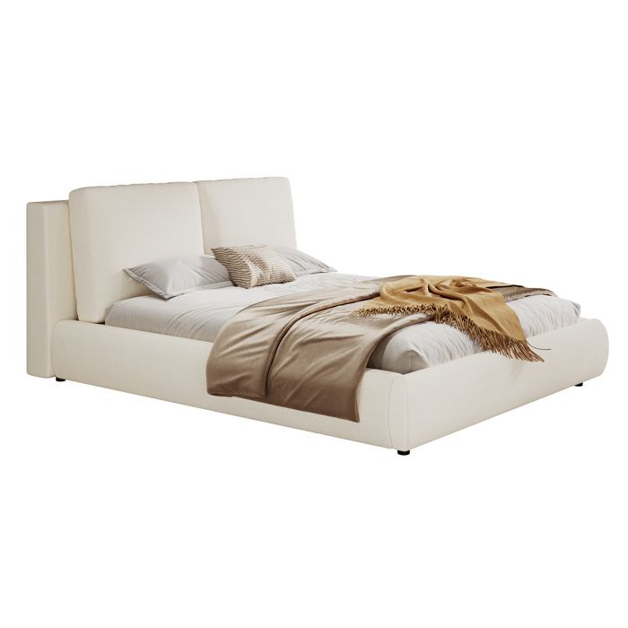 Lit coffre hydraulique 160x200 cm avec sommier à lattes tête de lit rembourrée grand rangement bouclé beige