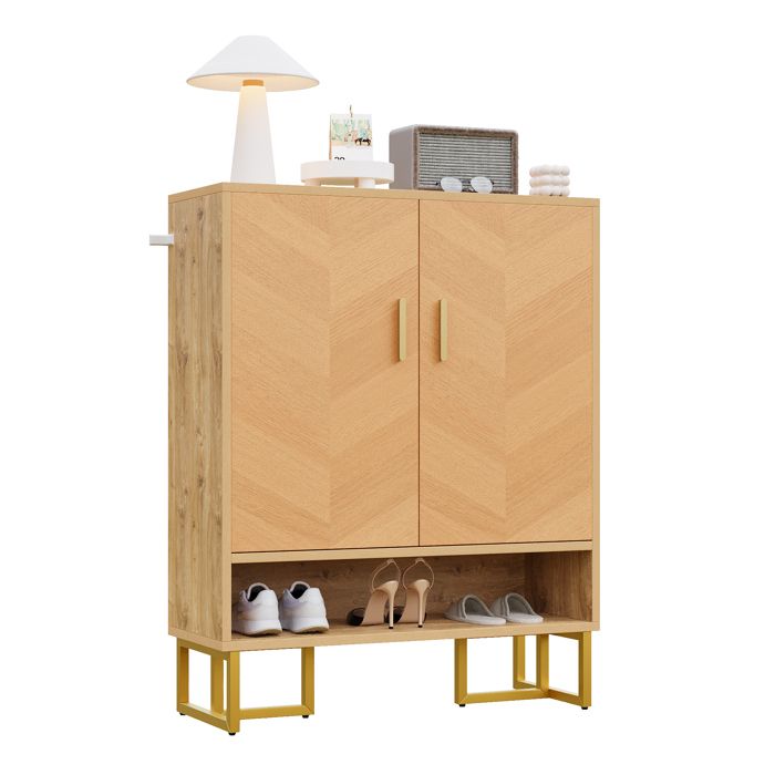 Meuble à chaussures moderne et minimaliste à double porte avec cadre en fer forgé idéal pour un couloir ou une entrée.