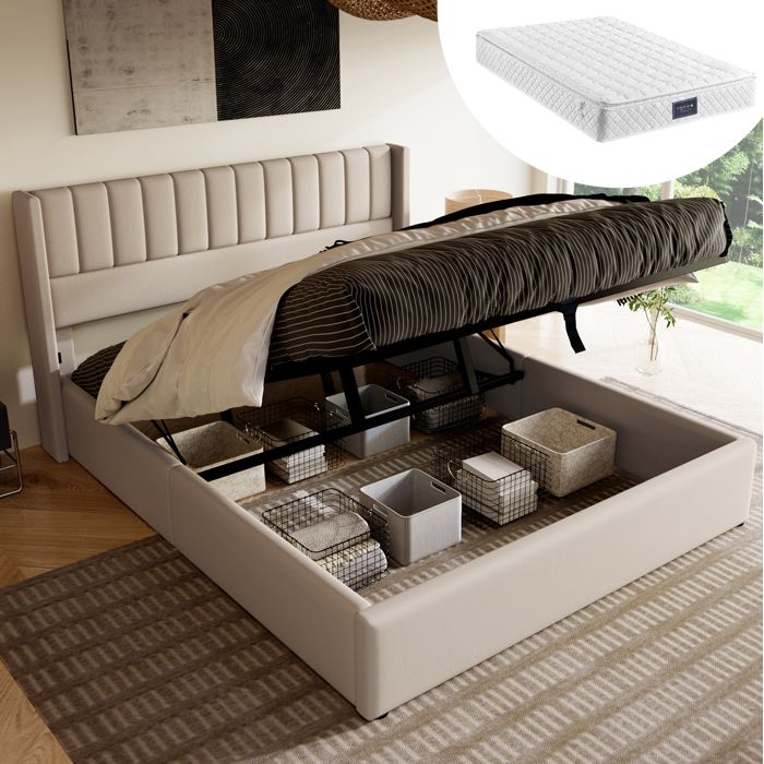 COVREO Lit coffre 160 x 200 cm hydraulique avec rangement tête de lit rembourrée tissu type lin beige