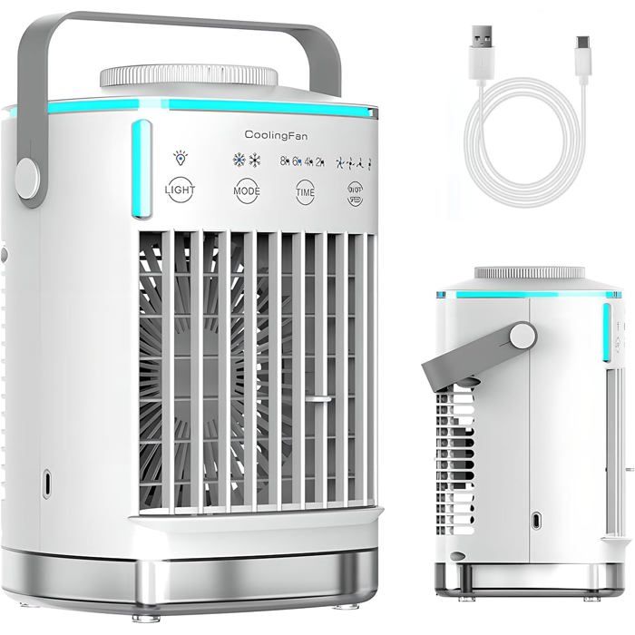 Mini climatiseur portable avec 4 vitesses de vent 7 lumières de couleur minuterie de 2 à 8 h pour la maison le bureau à coucher