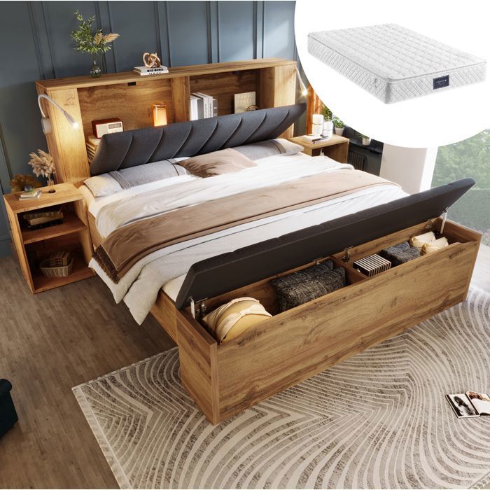 Lit adulte 160 x 200 cm avec 2 tables de chevet banc de rangement lampes de lecture USB en lin chêne matelas inclus