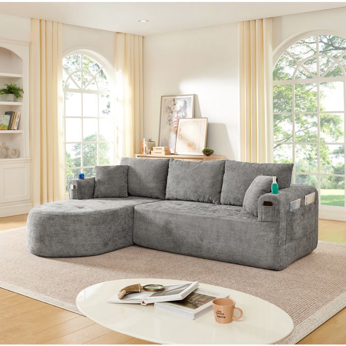 Canapé d’angle modulable en L AESVAR 3 places sans montage tissu aspect lin gris avec porte-gobelet inox