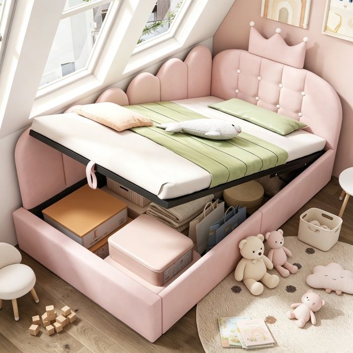 Lit de jour enfant 90×200 cm - URTR - revêtu de velours - design à grille couronne - lit coffre - sans matelas - rose