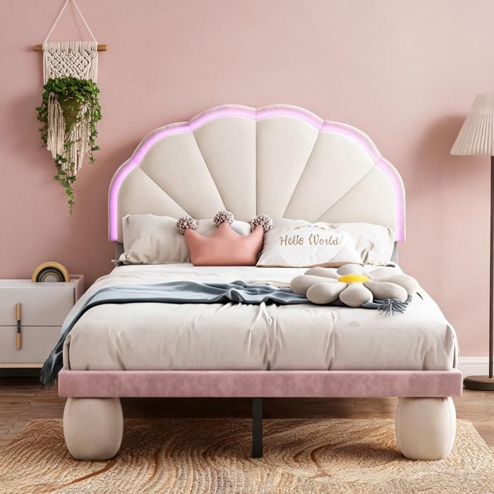Lit enfant simple en velours classique blanc et rose 90x200 cm avec tête de lit ondulée et éclairage LED multicolore