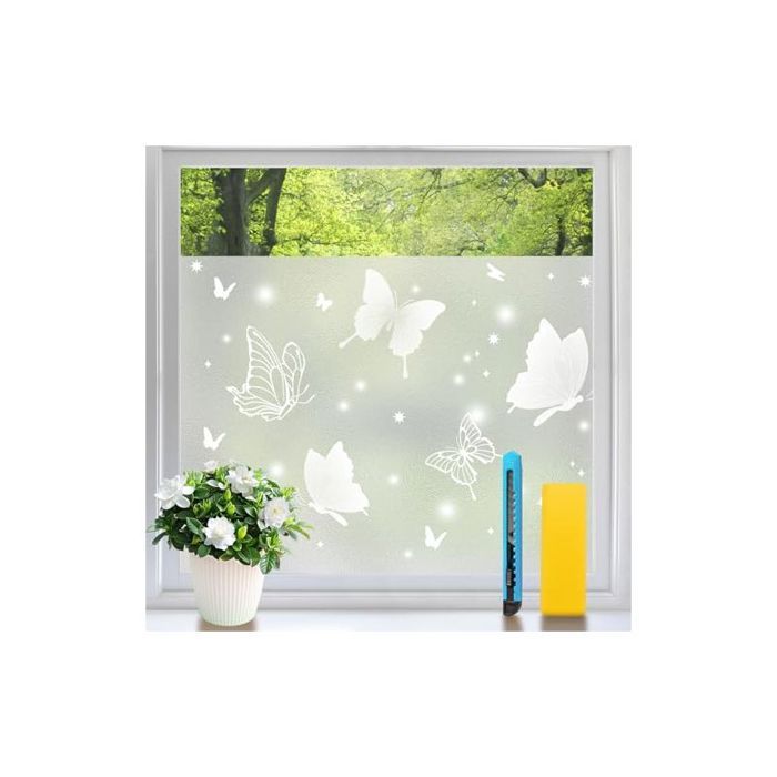 Film Fenetre Anti Regard sans Colle Film Opaque Fenetre Motif Papillons Givrés Anti-UV Lumineux et Décoratif pour Salle de Bain C