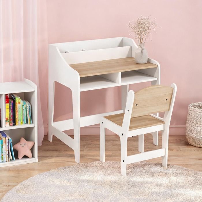 Bureau enfant et chaise en bois naturel avec rangements 3 à 8 ans 60x48 cm