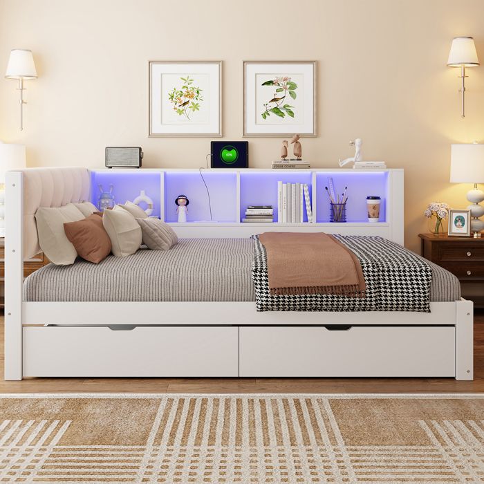 Lit banquette 2 places 140x200 cm 2 tiroirs étagère 4 niveaux LED dimmable USB pin et MDF blanc sans matelas