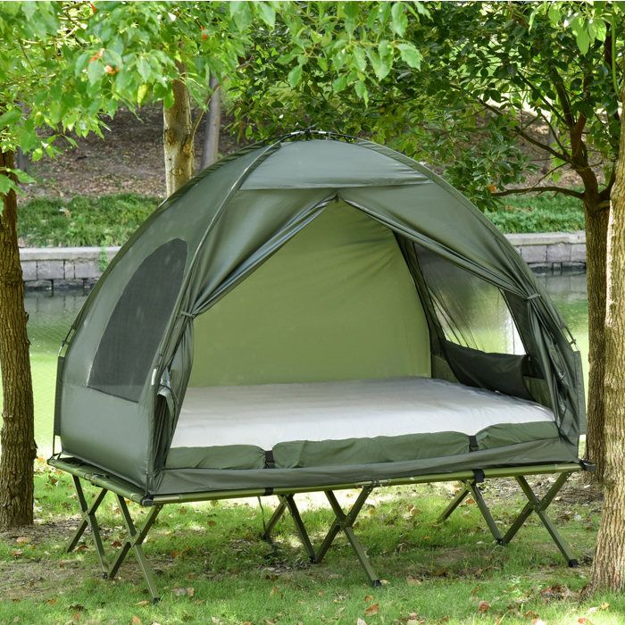 Lit de Camp 2 Personnes avec Tente Intégrée et Matelas Gonflable - UVRION - en Tissu Oxford - Vert 193 × 145 × 180 cm