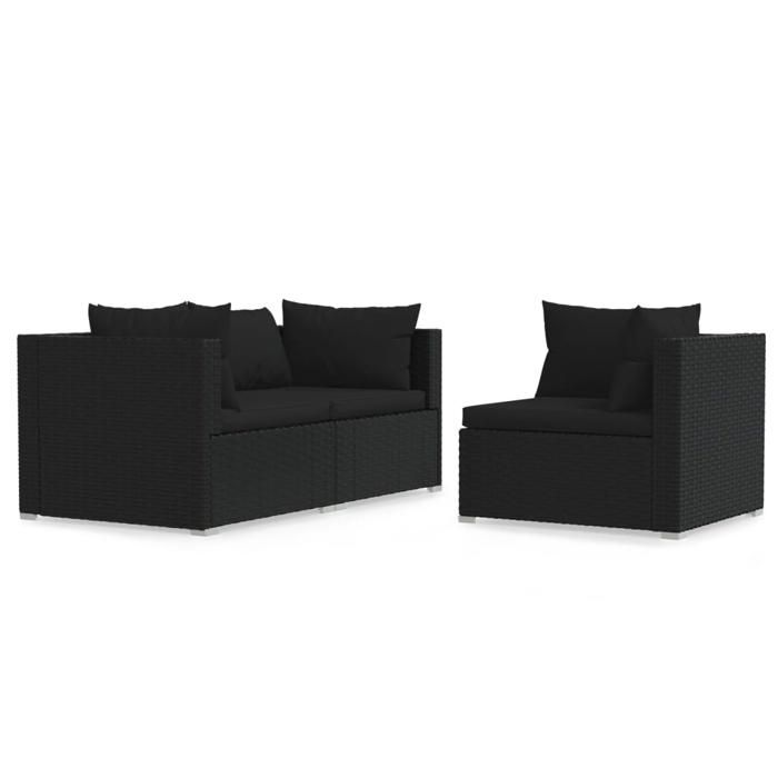 Siège de balcon - HAOSHOP - Salon de jardin 3 pcs avec coussins Noir Résine tressée&01_62331