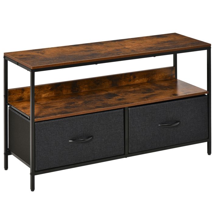 Meuble TV industriel marron rustique avec 2 tiroirs en tissu gris et cadre métal noir banc TV 98 x 29 x 56 cm