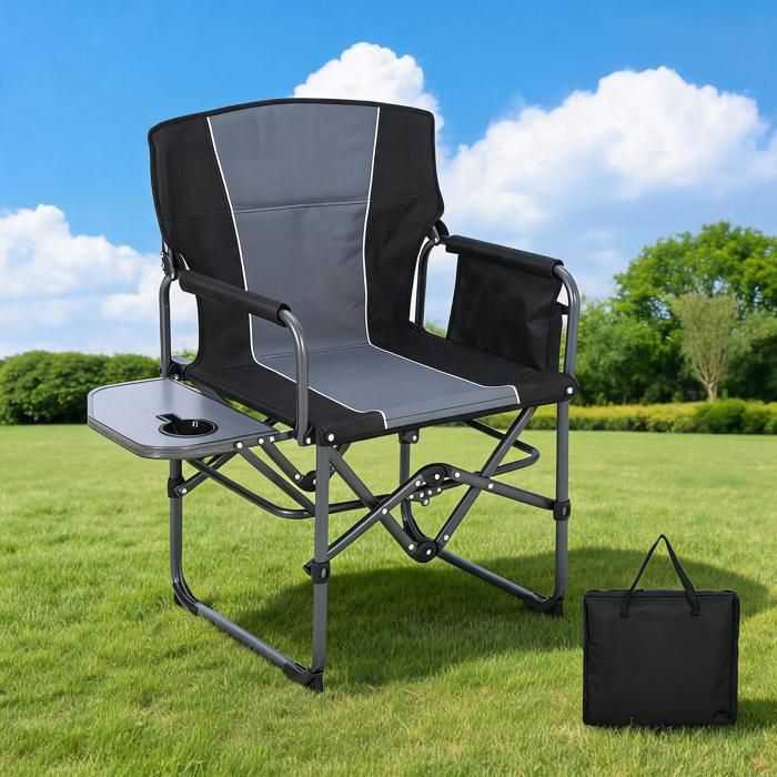 KOIOPLIE Chaise de camping pliante 180 kg type réalisateur fauteuil outdoor grand confort avec tablette latérale Noir+Gris