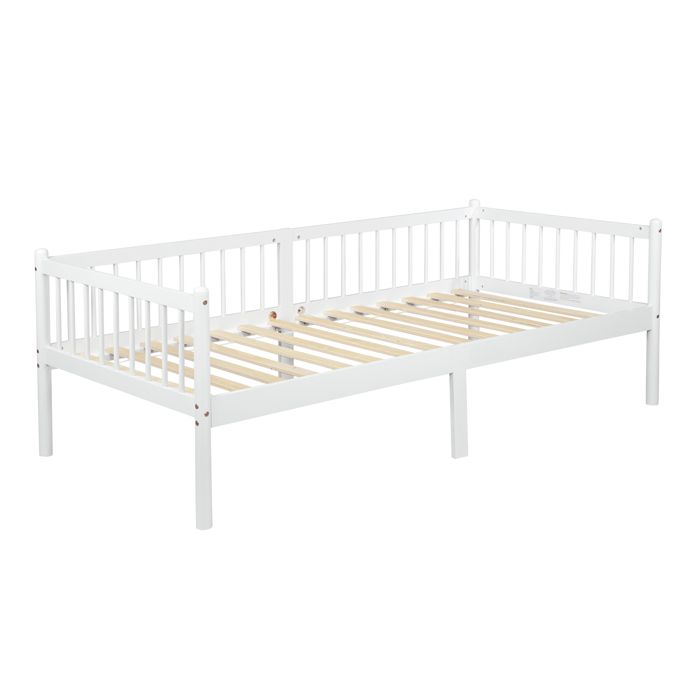 Lit Simple 90x200 cm en Bois Massif - Lit Banquette avec Barrière et Sommier à Lattes - Blanc