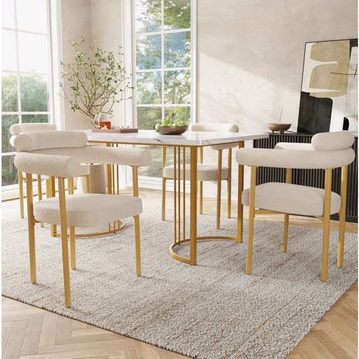 MEUBLIV Lot de 4 chaises de salle à manger beige en tissu pieds métal doré assise confortable