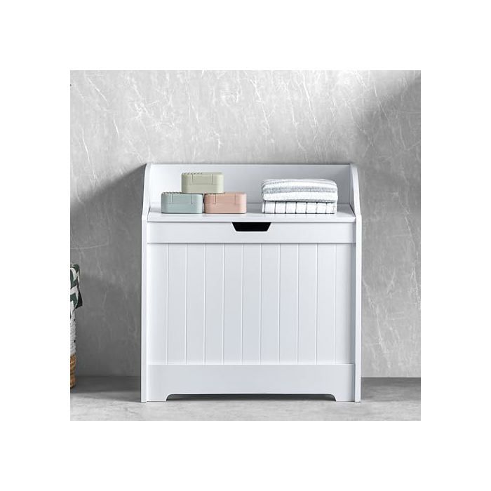 Meuble de rangement pour salle de bain - BATH VIDA - Priano - Coffre à linge - Blanc aspect chêne - 60x30x81 cm