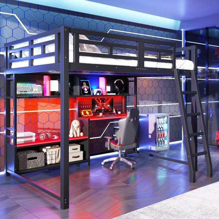 Lit superposé métal 140x200 style gaming avec éclairage LED bureau et étagères de rangement noir pour enfant adulte