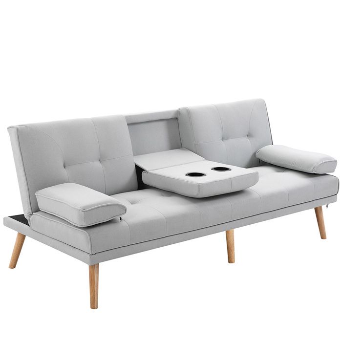 Canapé convertible - CRESTA - 3 places scandinave - Lin gris clair - Dossier 3 positions - Porte-gobelets Canapé convertible - CRESTA - 3 places scandinave - Lin gris clair - Dossier 3 positions - Porte-gobelets