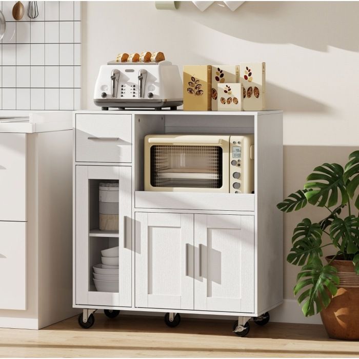 Chariot de cuisine mobile blanc 80 x 40 x 887 cm en panneaux de particules et MDF tiroir portes niche ouverte