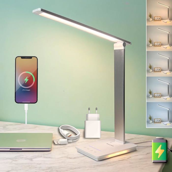 Lampe de Bureau LED Puissante Lampe de Chevet et de Lecture Sans Fil Rechargeable (6W 550 Lumen Port USB 5 Niveaux de