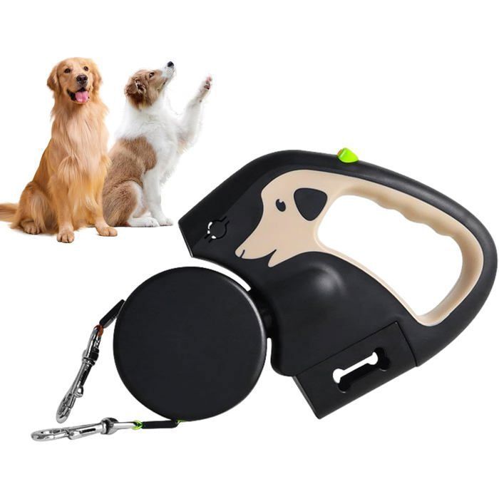 Laisse double rétractable pour chien - Système anti-nœuds à 360° - Éclairage LED et porte-sacs à déjections canines - 3CQINGSHOP