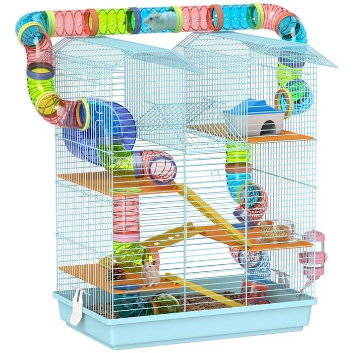 Cage à hamster à 5 niveaux avec tubes colorés roue maison et accessoires 47 x 30 x 59 cm bleue