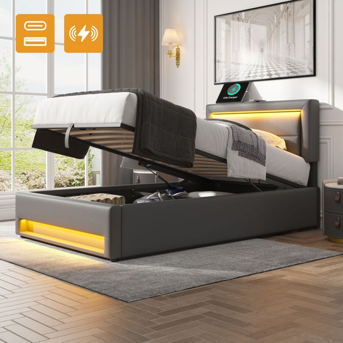 Lit rembourré simple 90x190 cm en similicuir PU coloris gris espaces de rangement ports USB sommier à lattes sans matelas