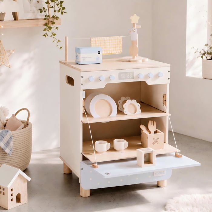 ROBUD Lave-Vaisselle Jouet en Bois Style Sea Salt avec Vaisselle Couverts et Tasses Jeu d’Imitation Cuisine Enfant Dès 3 Ans