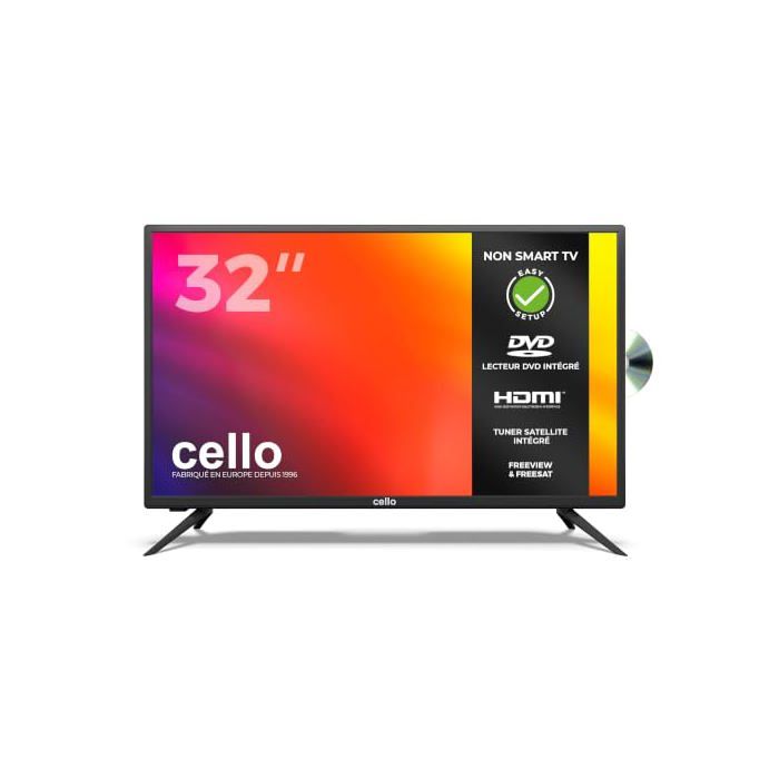 Téléviseur LED CELLO 32 pouces Lecteur DVD intégré Triple tuner DVB‑T2 S2 C HD Ready