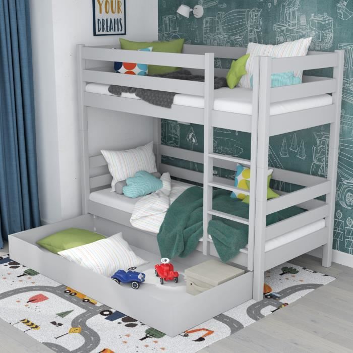 Lit Superposé Enfant Modulable 2 En 1 - Pin Massif, 90x200 Cm - Séparable En 2 Lits Simples - Pour Chambre Ado Ou Partagée - 8