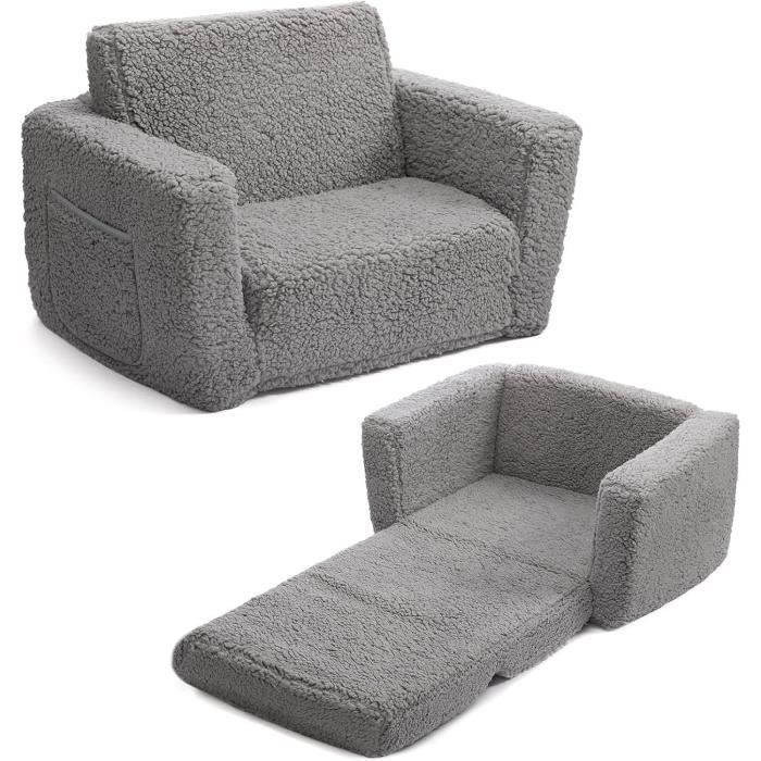 BEJOY Fauteuil Enfant Convertible en Canapé-lit 2-en-1 Sherpa DouxGris