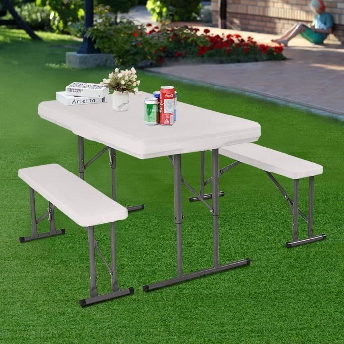 Table Pliante avec 2 Banc de Jardin pour Camping Pique-nique