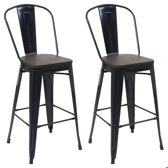Lot de 2 tabourets de bar chaises de comptoir avec dossier siege en bois design industriel metal noir 04_0005196 Lot de 2 tabourets de bar chaises de comptoir avec dossier siege en bois design industriel metal noir 04_0005196
