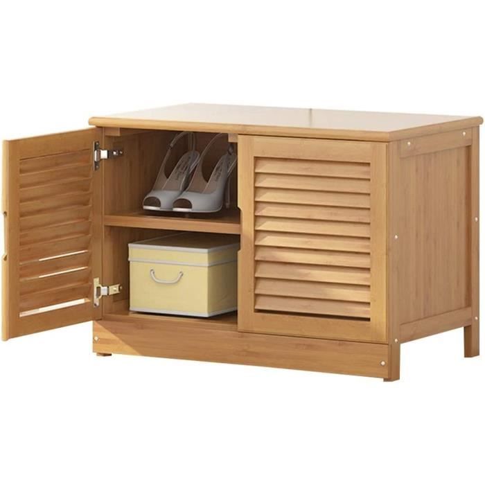 Meuble à chaussures en bois massif à 2 couches avec porte à persiennes