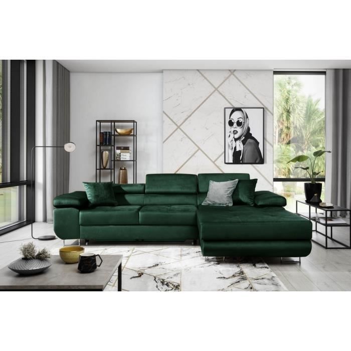 Canapé dangle convertible ARMEL en tissu luxe 5 places couleur vert foncé avec coffre angle droit (vu de face)