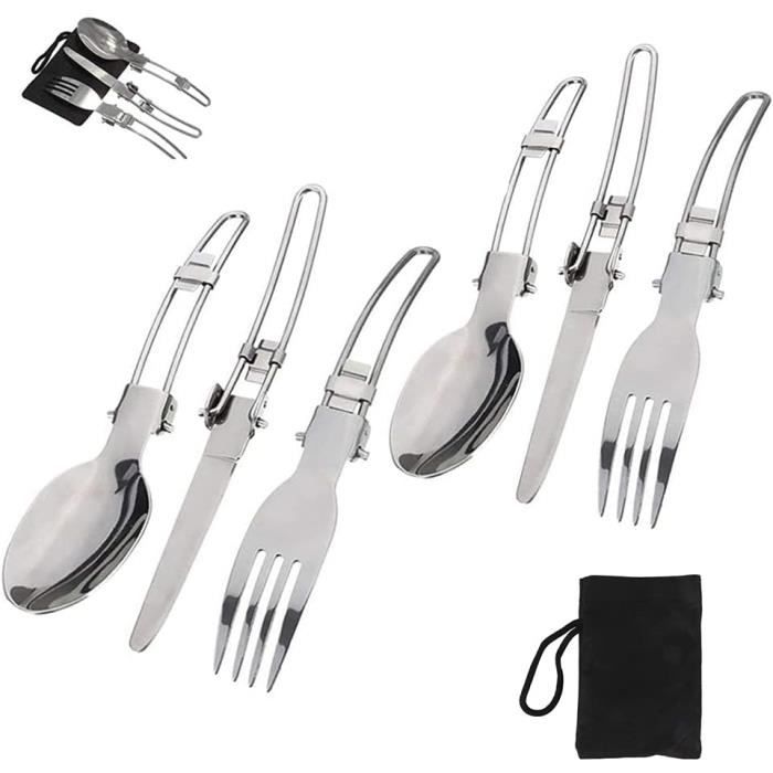 Couverts De Camping Pliables 5-en-1 – Couteau, Fourchette, Cuillère, Ouvre-bouteille, Tournevis – Acier Inoxydable, étui Rangement – Idéal Rando Et Pique-nique