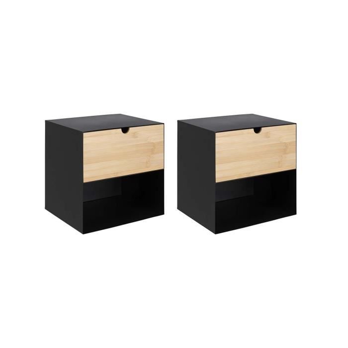 table de chevet suspendue - concept usine - aloft - 1 tiroir et 1 étagère - noir mat et bois naturel