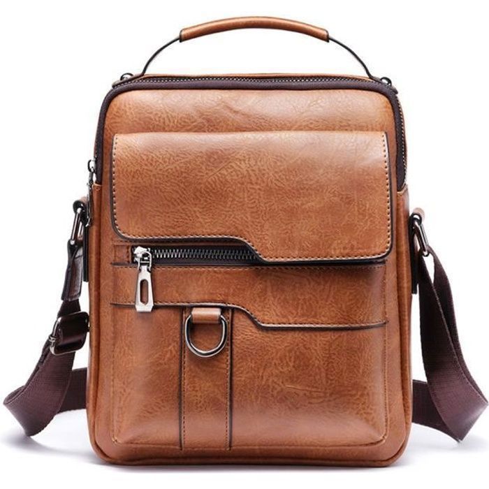 Sacoche Homme-24x7x20cm-Sacs Bandouli?�re Homme-Sacs Business-Mode et Loisirs-PU Cuir-Brun Clair 