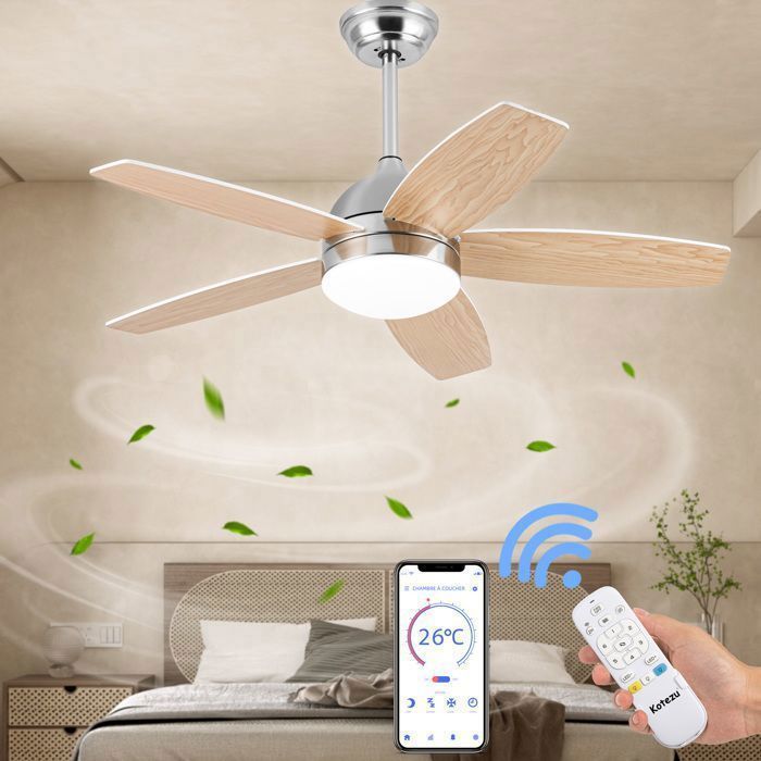 Ventilateur Plafond avec Lumiere et Télécommande 107 cm avec 5 pales LED 6 Vitesses 54W Réversibles Moteur DC Grain de bois - Kotezu