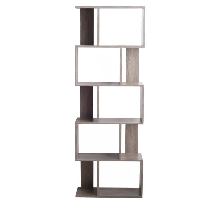 bibliothèque 5 étagères mobili rebecca en mdf gris blanchi pour bureau 169x60x24