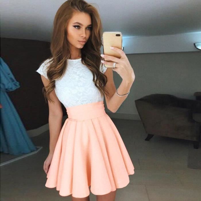 Jupe Basique Polyvalente Jupe Patineuse Femme évasée - Taille élastique - Uni Rouge - Basic Extensible - Multi-occasions Vêtement Femme Polyvalent