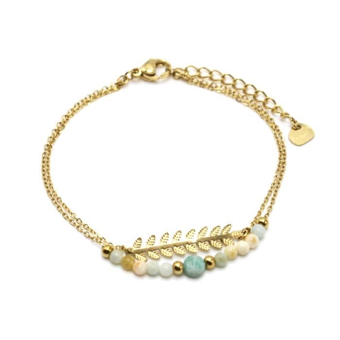 Bracelet Femme Chaîne Dorée Or Jaune Avec Fleur Verte En Acier Inoxydable