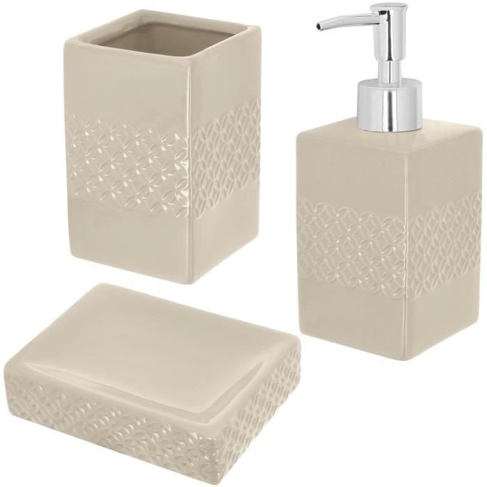 Set accessoires salle de bain céramique Taupe   Distributeur Porte savon Gobelet