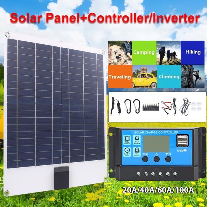 Kit Panneau Solaire 100 W Avec Cadre Aluminium Et Contrôleur - IP67 étanche - Charge 12V/24V - Pour Camping-car, Bateau, Camping - Dimensions 33,5 X 20,5 Cm
