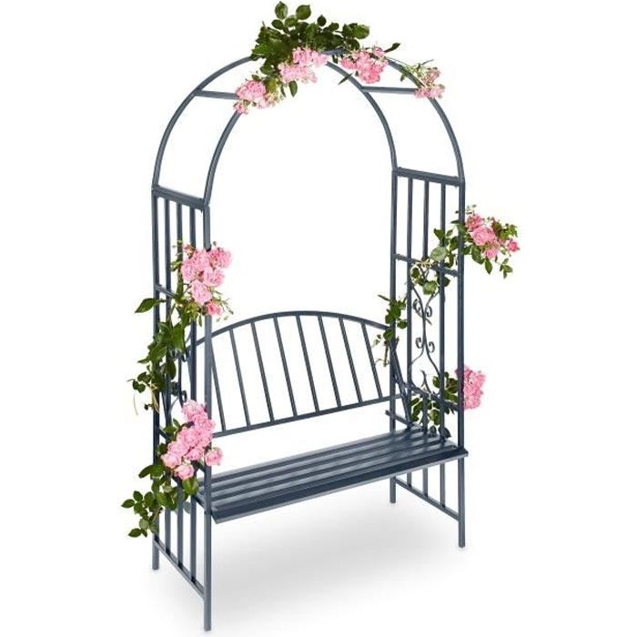 Relaxdays Arche à roses pour jardin avec banc 2 métal en métal arceau colonne décoration HxlxP: 205 x 115 x 50 cm, noir