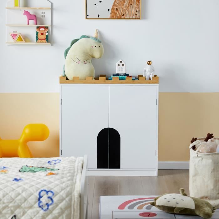 Armoire Rangement Enfant SoBuy - Design Château | 86x30x87 Cm | MDF Et Bambou | 2 Portes, 2 étagères