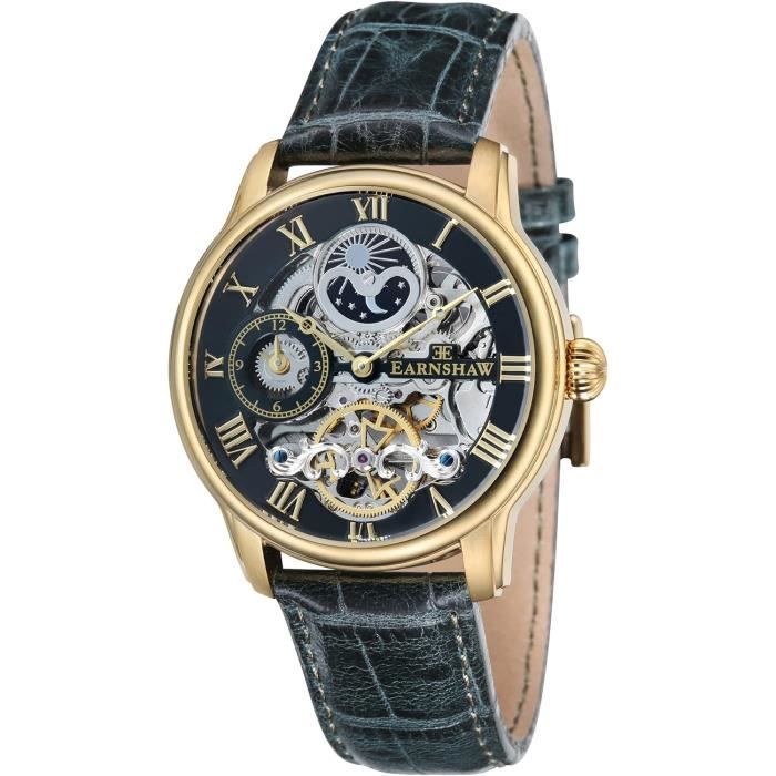 Montre Squelette Quartz Homme - Cadran Doré, Bracelet Noir, Mouvement Visible, Neuf