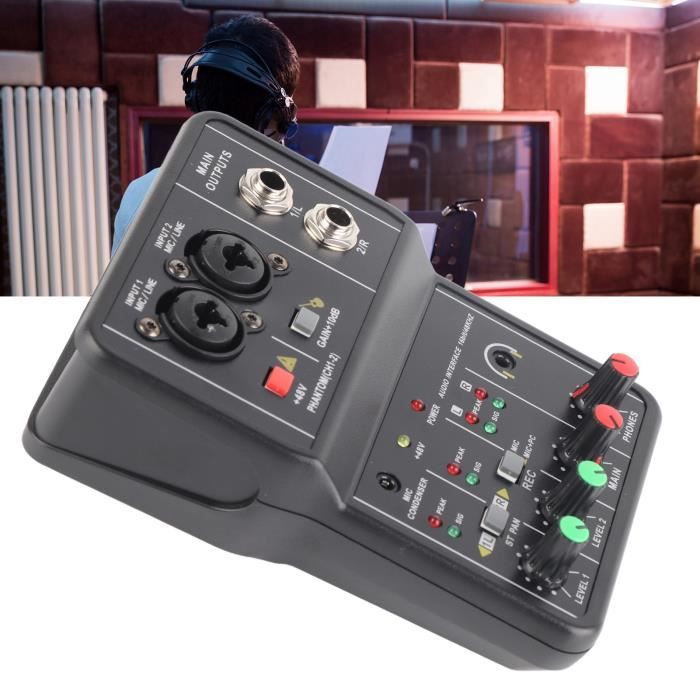 Mélangeur Audio 2 canaux Console de Mixage Sonore Compacte à Alimentation Fantme USB 48 V avec 2