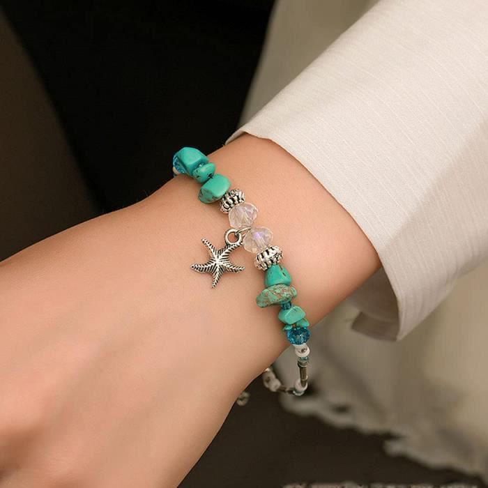 Bracelet De Cheville Femme Bohème - 2 Pièces - Argent Et Turquoise Avec Coquillage Et étoile De Mer - Taille Unique - Bijou Pied Plage Ou Soirée