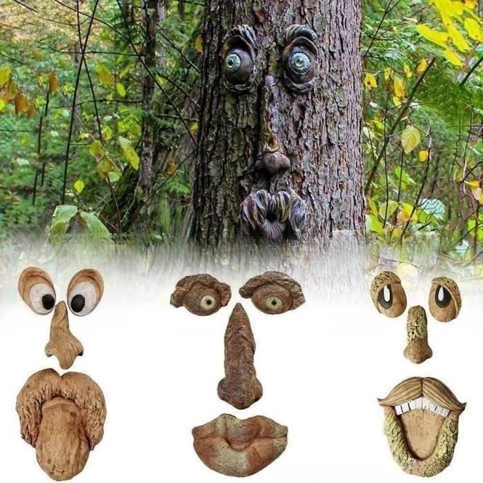Sculpture amusante de visage de vieil homme, décoration d'arbre